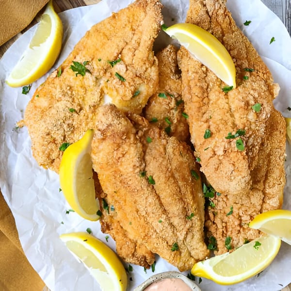 Crispy fried fish fillets, garnished with fresh parsley and lemon wedges, on white parchment paper.