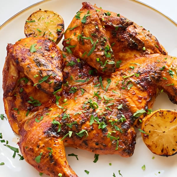 Grilled piri piri chicken, garnished with fresh parsley and charred lemon slices on a white plate.
