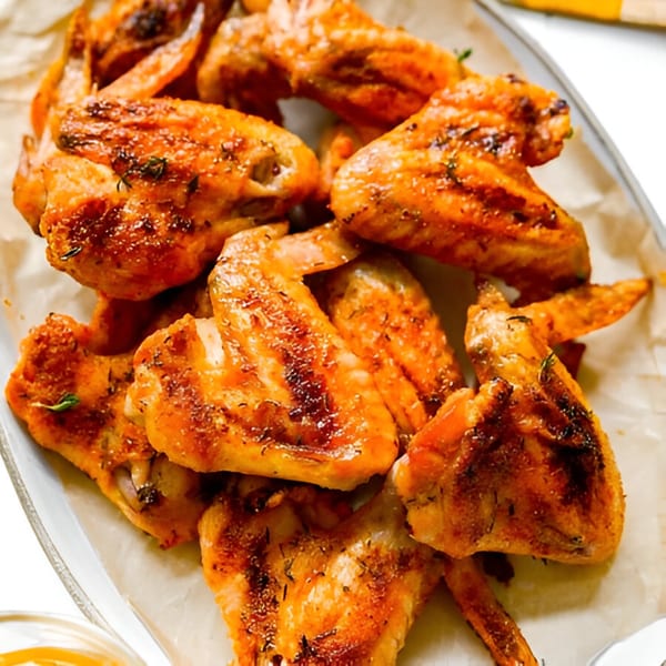 Close-up of Firebird Piri Piri Grill's golden-brown chicken wings, seasoned with herbs, on a white platter.