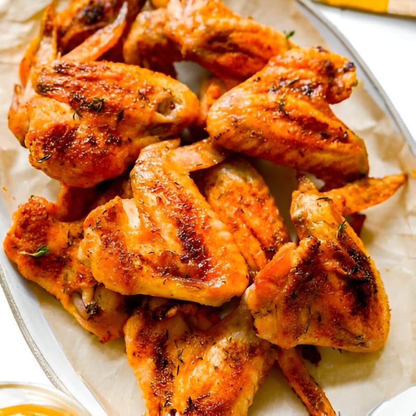 Close-up of Firebird Piri Piri Grill's golden-brown chicken wings, seasoned with herbs, on a white platter.