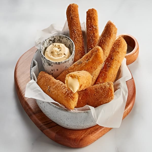 Crispy fried cheese sticks with a creamy dipping sauce, served in a rustic bowl on a wooden board.