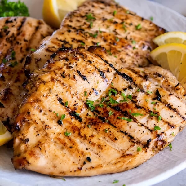 Grilled Piri Piri chicken breasts with char marks, garnished with fresh parsley and lemon wedges.